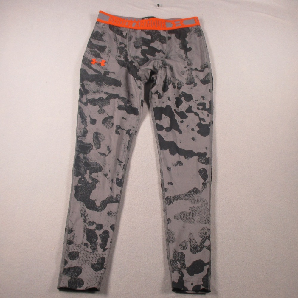 Under Armour HeatGear Compression Leggings Mens Medium Gray Camo Orange Tights